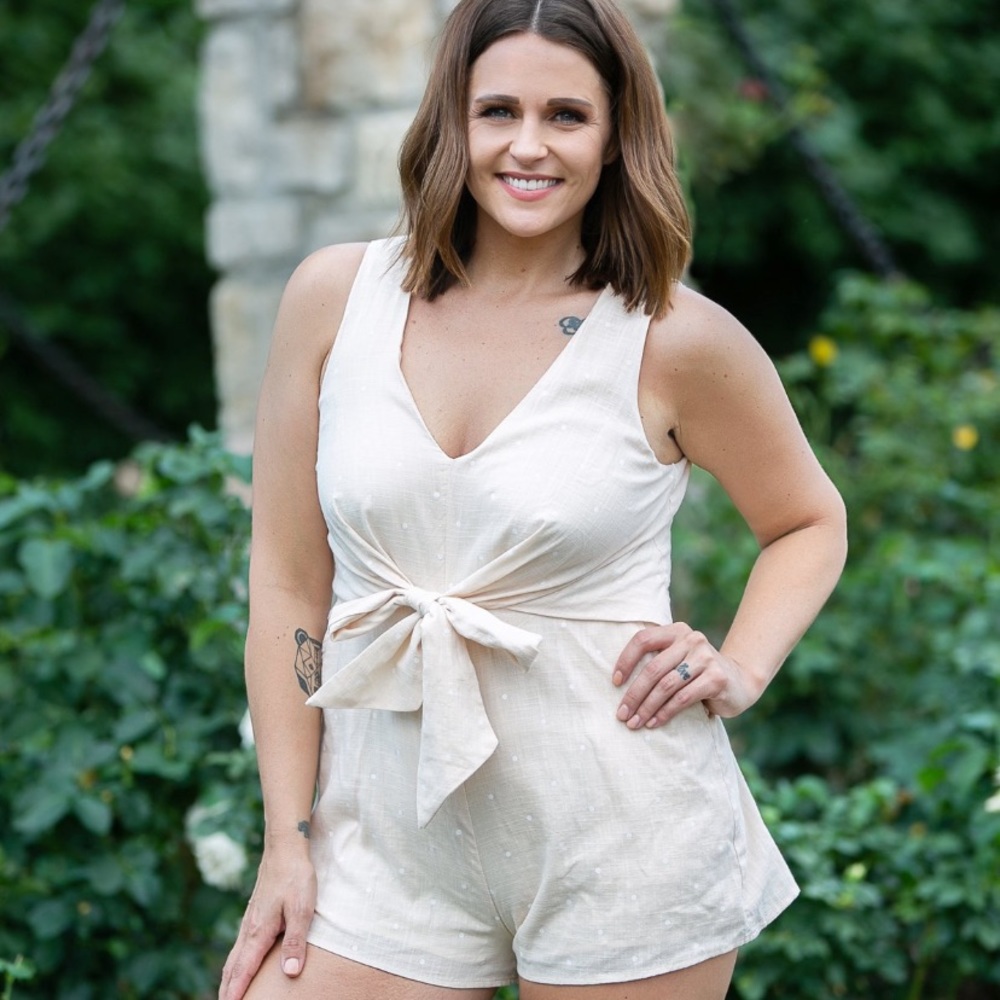 Blue Blush Front Tie Knot Polka Dot Romper-Cream